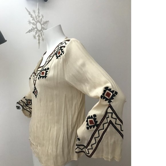 Crepe Embroidery Crochet Top Blouse Native Folk  Zara Free People? - Picture 1 of 5